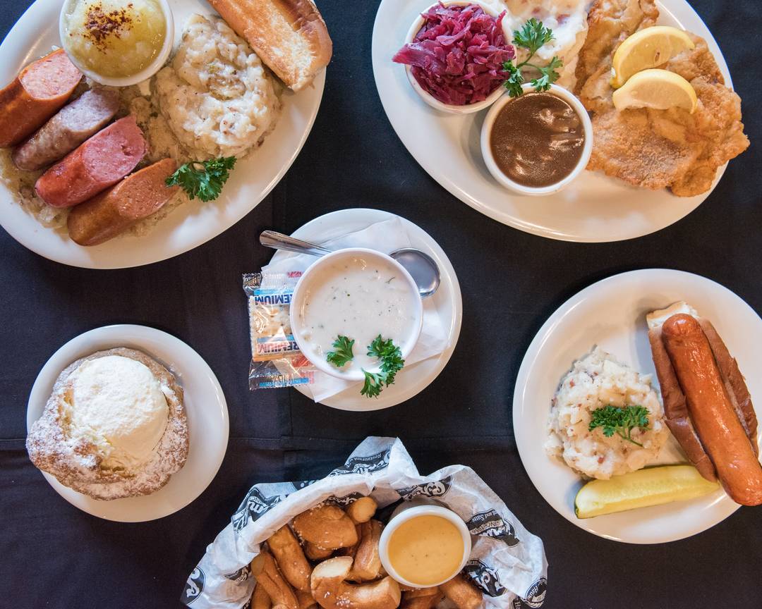 Schmidt's Sausage Haus und Restaurant signature dishes Bratwurst Platter, Old World Sausage Sampler, Apple Struddel